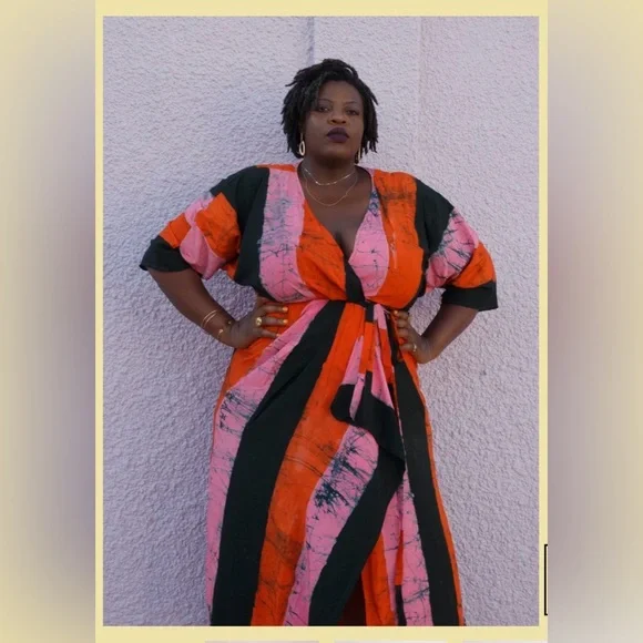 NEW Osei Duro Letsa Rayon Wrap Dress Carmine Red Black Pink Multi Color Size L - Picture 3 of 10